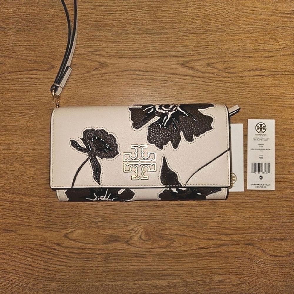 NWT Tory Burch Cream & Brown Leather Britten Floral Flap Wallet Wristlet